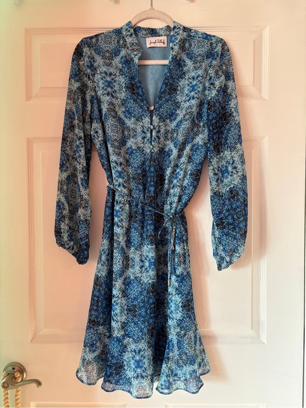 Joseph Ribkoff Blue Printed V-Neck Long Sleeve Dress